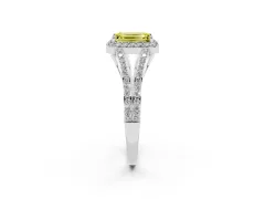Fancy Yellow Emerald Cut Diamond Halo Split Shank Pavé Ring Set in Platinum with Prong Setting