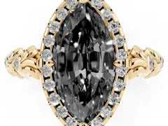 Fancy Black Marquise Cut Diamond Halo Ring Set in Yellow gold with Filigree Leaf Band and Prong Setting