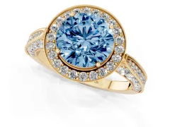 Fancy Blue Round Cut Diamond Halo Engagement Ring Set in Yellow gold with Accent Split Shank Band