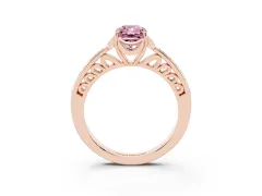 Fancy Pink Radiant Cut Diamond Halo Ring Set in Rose gold with Channel Set Band and Prong Setting