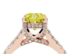 Fancy Yellow Cushion Cut Diamond Solitaire Ring Set in Rose gold with Brilliant Pavé Band and Prong Setting