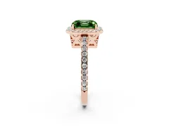 Fancy Green Asscher Cut Diamond Halo Ring Set in Rose gold with Pavé Shoulders and Halo-Framed Center