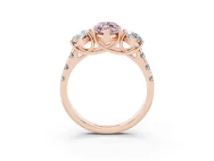 Fancy Pink Marquise Cut Diamond Three-Stone Ring Set in Rose gold with Pavé Band