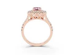 Fancy Pink Emerald Cut Diamond Double Halo Ring Set in Rose gold with Pavé Split Shank and Prong Setting