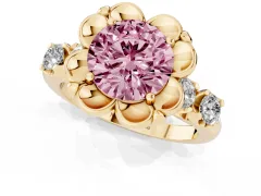 Fancy Pink Round Cut Diamond Floral Halo Ring Set in Yellow gold with Shared Prong Band