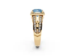Fancy Blue Princess Cut Diamond Halo Ring Set in Yellow gold with Double Pavé Split Shank