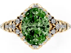 Fancy Green Oval Cut Diamond Solitaire Ring Set in Yellow gold with Hidden Halo and Pavé Band
