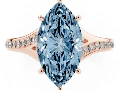 Fancy Blue Marquise Cut Diamond Solitaire Ring Set in Rose gold with Pavé Accent Band and Classic Prong Setting