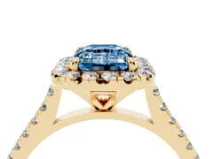 Fancy Blue Emerald Cut Diamond Cushion Halo Ring Set in Yellow gold with Pavé Band