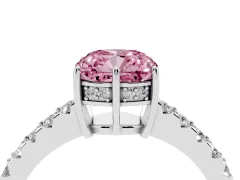 Fancy Pink Cushion Cut Diamond Solitaire Engagement Ring Set in Platinum with Pavé Band and Prong Setting