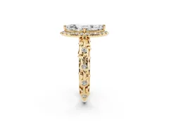 Marquise Cut Diamond Halo Ring Set in Yellow gold with Filigree Leaf Band and Prong Setting