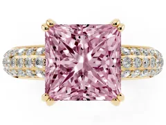 Fancy Pink Princess Cut Diamond Solitaire Ring Set in Yellow gold with Multi-Row Round Pavé Band and Prong Setting