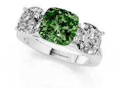 Fancy Green Cushion Cut Diamond Three-Stone Ring Set in White gold with Plain Polished Band