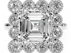 Asscher Cut Diamond Cluster Halo Ring Set in Platinum with Milgrain Bezel Accents and Plain Band