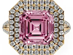 Fancy Pink Asscher Cut Diamond Double Halo Ring Set in Yellow gold with Pavé Band