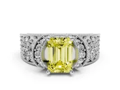 Fancy Yellow Emerald Cut Diamond Milgrain Halo Pavé Engagement Ring Set in Silver with Prong Setting