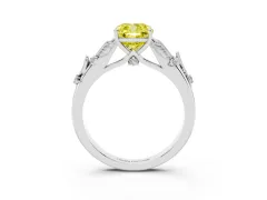 Fancy Yellow Cushion Cut Diamond Solitaire Ring Set in Silver with Leaf Motif Band