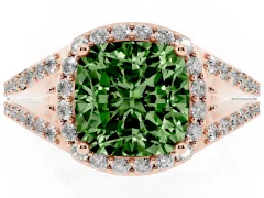 Fancy Green Cushion Cut Diamond Halo Split Shank Pavé Ring Set in Rose gold with Prong Setting