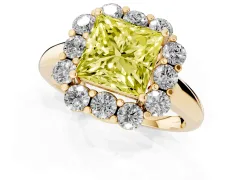 Fancy Yellow Princess Cut Diamond Milgrain Halo Solitaire Ring Set in Yellow gold with Bezel Set Side Stones and Pavé Band