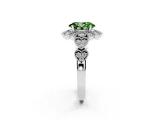 Fancy Green Oval Cut Diamond Solitaire Ring Set in White gold with Milgrain Pavé Heart Band