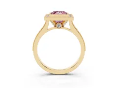 Fancy Pink Princess Cut Diamond Halo Milgrain Pavé Band Ring Set in Yellow gold with Prong Setting