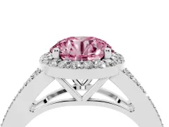 Fancy Pink Round Cut Diamond Halo Split Shank Ring Set in Platinum with Accent Stones and Prong Setting