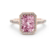 Fancy Pink Radiant Cut Diamond Halo Engagement Ring Set in Rose gold with Round Pavé Shoulders and Heart Gallery