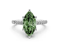 Fancy Green Marquise Cut Diamond Solitaire Ring Set in Silver with Brilliant Pavé Band and Prong Setting