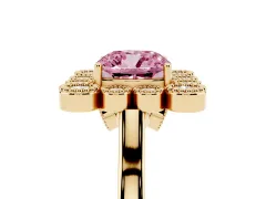 Fancy Pink Cushion Cut Diamond Cluster Halo Ring Set in Yellow gold with Milgrain Bezel Accents and Plain Band