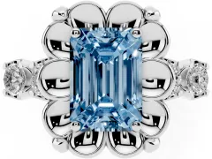 Fancy Blue Emerald Cut Diamond Floral Halo Ring Set in White gold with Shared Prong Band