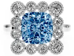 Fancy Blue Cushion Cut Diamond Cluster Halo Ring Set in White gold with Milgrain Bezel Accents and Plain Band