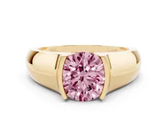 Fancy Pink Round Cut Diamond Bezel Solitaire Ring Set in Yellow gold with Wide Band