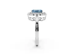 Fancy Blue Emerald Cut Diamond Halo Cluster Engagement Ring Set in White gold with Solitaire Band and Prong Setting