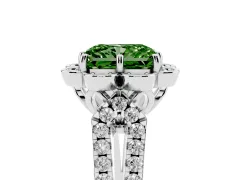 Fancy Green Radiant Cut Diamond Floral Halo Split Shank Engagement Ring Set in White gold with Pavé Shank