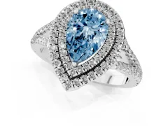 Fancy Blue Pear Cut Diamond Double Halo Ring Set in White gold with Pavé Band