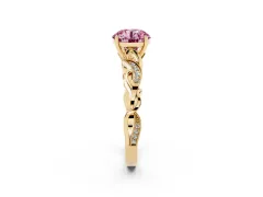 Fancy Pink Round Cut Diamond Vine Band Solitaire Ring Set in Yellow gold with Milgrain Prong Setting