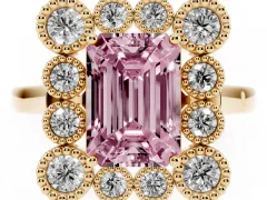 Fancy Pink Emerald Cut Diamond Cluster Halo Ring Set in Yellow gold with Milgrain Bezel Accents and Plain Band