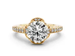 Round Cut Diamond Halo Ring Set in Yellow gold with Channel Set Band and Prong Setting