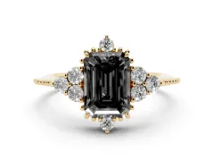 Fancy Black Emerald Cut Diamond Cluster Ring Set in Yellow gold with Beaded Band