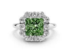 Fancy Green Princess Cut Diamond Milgrain Halo Solitaire Ring Set in Platinum with Bezel Set Side Stones and Pavé Band