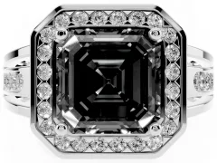 Fancy Black Asscher Cut Diamond Halo Ring Set in Silver with Pavé and Bezel Accent Split Shank