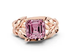 Fancy Pink Asscher Cut Diamond Leaf-Inspired Engagement Ring Set in Rose gold with Round Accents