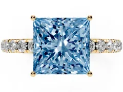 Fancy Blue Princess Cut Diamond Pavé Solitaire Engagement Ring Set in Yellow gold with Prong Setting