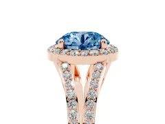 Fancy Blue Round Cut Diamond Halo Split Shank Ring Set in Rose gold with Accent Stones and Prong Setting