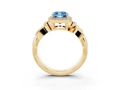 Fancy Blue Cushion Cut Diamond Halo Floral Band Ring Set in Yellow gold with Prong Setting