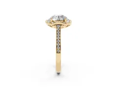 Round Cut Diamond Halo Ring Set in Yellow gold with Pavé-Lined Shoulders and Prong Setting