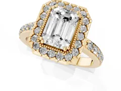 Emerald Cut Diamond Halo Ring Set in Yellow gold with Pavé Shank and Prong Setting