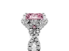 Fancy Pink Princess Cut Diamond Halo Twist Band Solitaire Ring Set in White gold with Prong-Set Center Stone