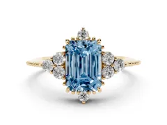 Fancy Blue Emerald Cut Diamond Cluster Ring Set in Yellow gold with Beaded Band