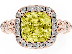 Fancy Yellow Cushion Cut Diamond Halo Ring Set in Rose gold with Filigree Leaf Band and Prong Setting